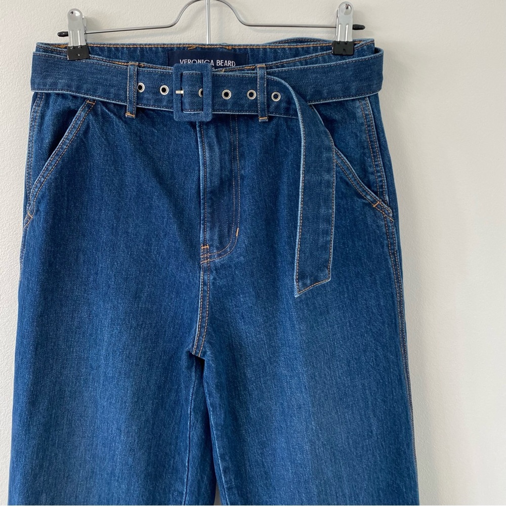Veronica Beard Taylor Wide Leg High Rise Dark Denim Belted Long Trouser Jeans 27 - Picture 7 of 11